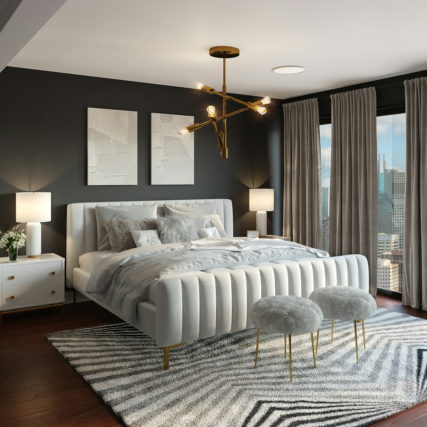 Luxury bedroom with upholstered bed, sculptural lighting and city views