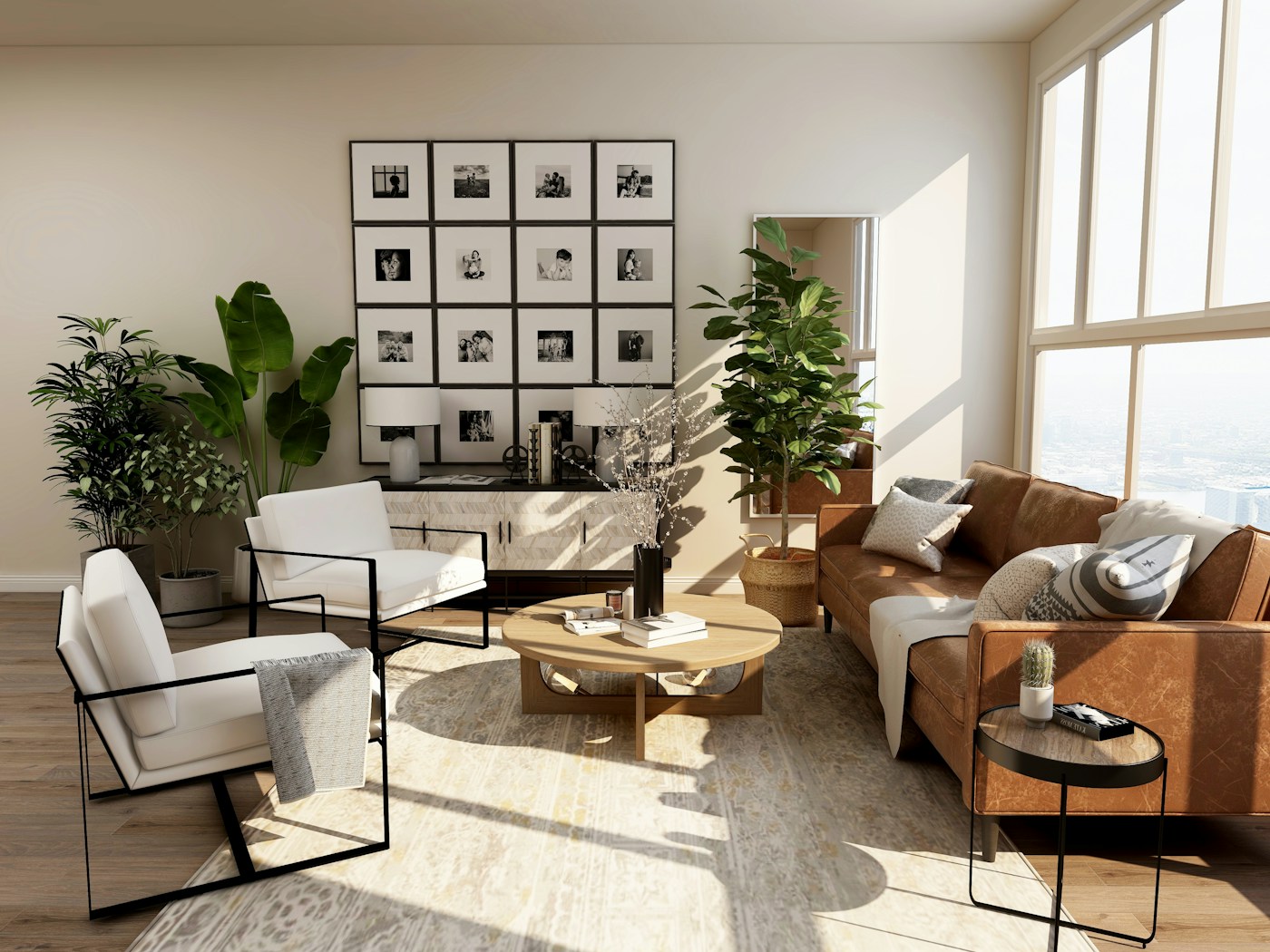 Sunlit luxury living room with designer seating and floor-to-ceiling windows